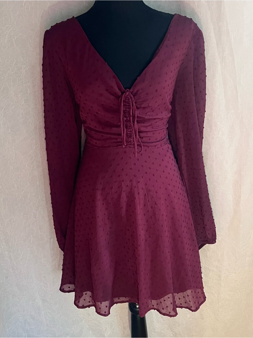 Lulu's Burgundy Long-Sleeve V-Neck Tie-Front mini Dress